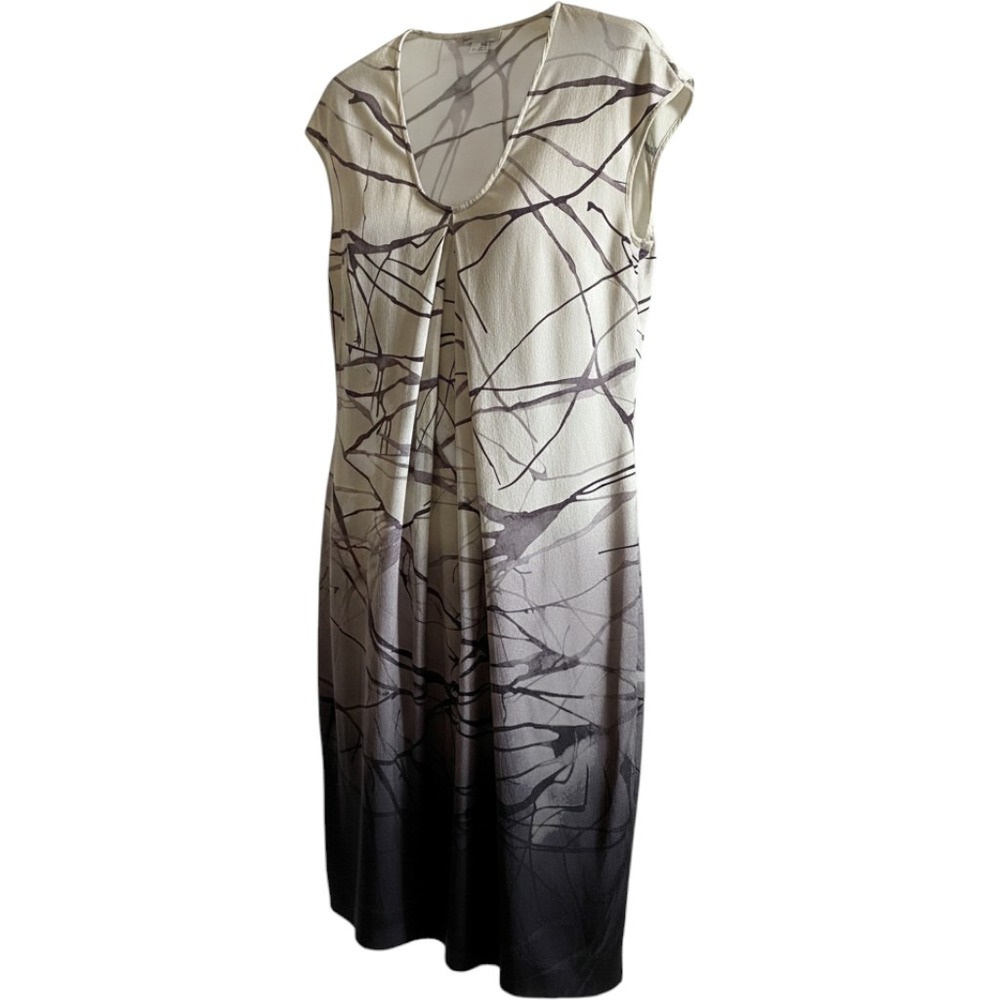 Vince Silk Blend Abstract Print Cap Sleeve Tunic Dress Size XS Ivory Gray Black